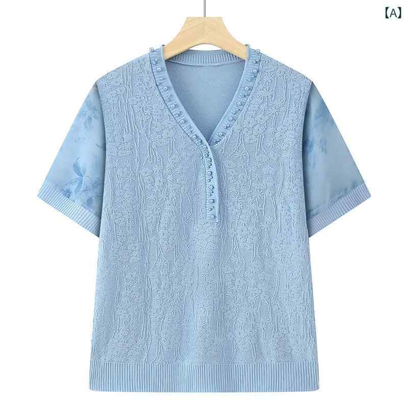 樂天商城 - お母さんの 夏服の 洋風の 氷の 糸の 半袖の t シャツの 中で 年配の 女性の ファッションは 襟の ゆったり して いる 上着の おばあさんの 頭の 小さい シャツを ひっくり返します。