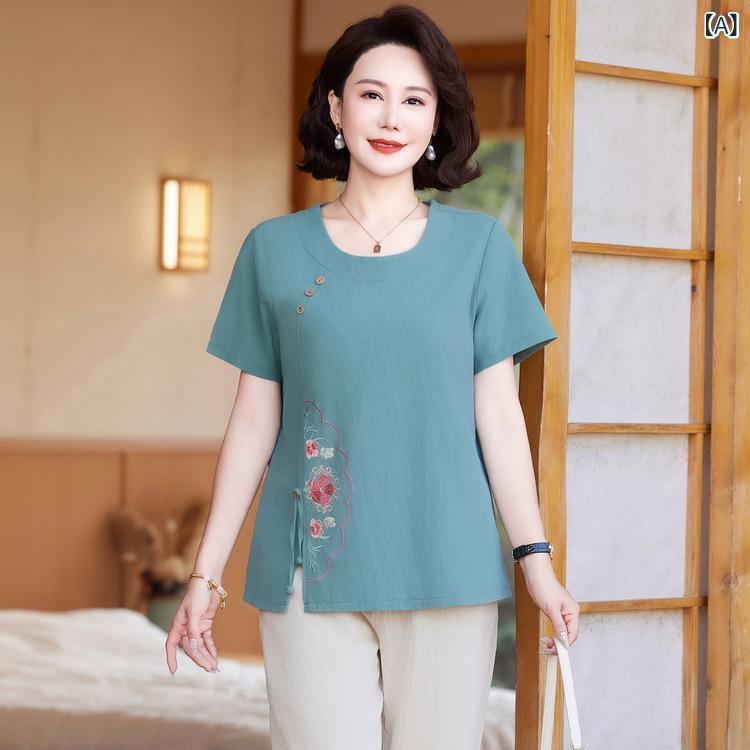 Rakuten - ミドル 向けの 夏の 新作 半袖 Tシャツ スーツ、 お母さん、 おしゃれ、 スリム、お ばあちゃん、 ゆったり、 年齢 軽減、 薄手の 2 点 セット