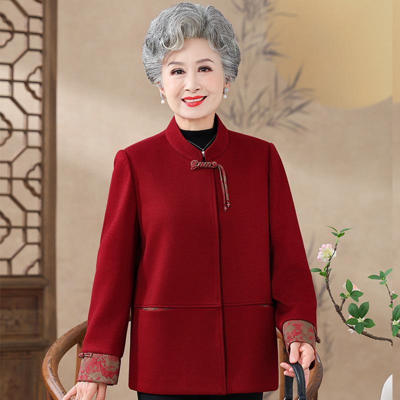 乐天商城 - アウター ジャケット レディース 祖母 おばあちゃん 高齢者 シニア 女性 ママ 母親 新中式 チャイナ風 礼服 祝賀会 結婚式 赤色 レッド 毛混 ウール混 ポリエステル 秋物 秋冬 長袖 コート 上着 レトロ