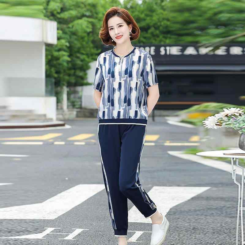 乐天商城 - レディース カジュアルスーツ セットアップ 2点セット 半袖Tシャツ カットソー トップス 雪紡 シフォン プルオーバー 丸首 ゆったり 民族風 薄手 婦人服 ミセス ママ 母親 ミドル 夏 40代 50代 レッド ブルー