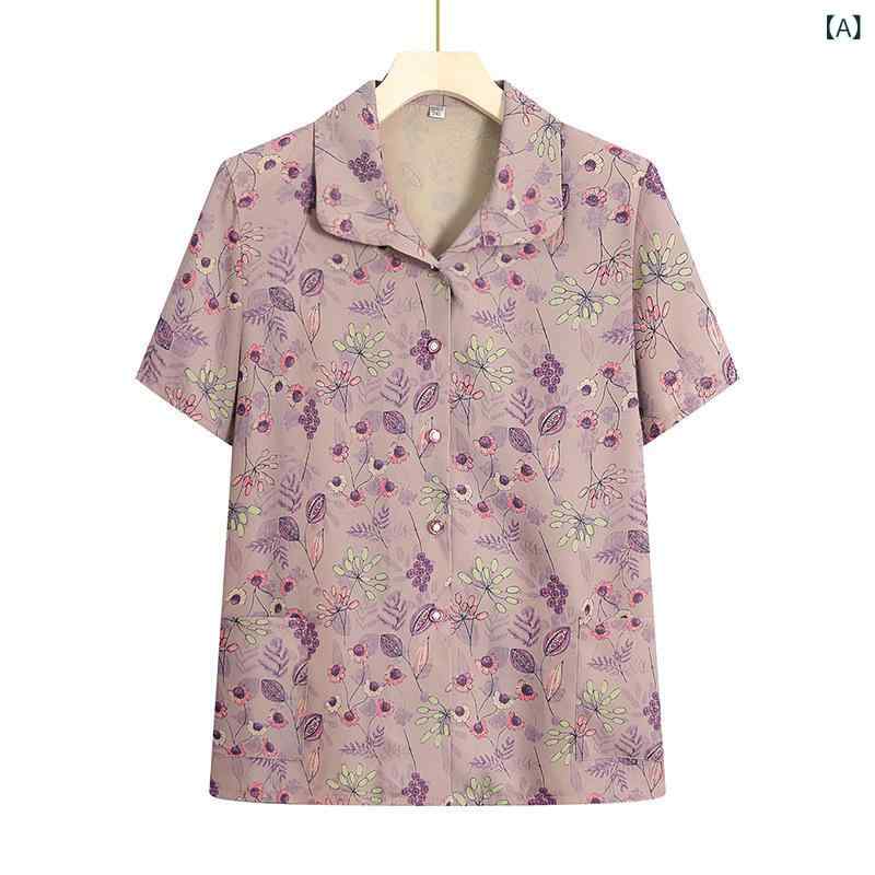 レディース シャツ 半袖 トップス 襟 シフォン 前開き 花柄 ポケット 薄手 トップス 婦人服 ミセス シニア 母親 おばあちゃん ハイミセス 祖母 高齢者 春夏 紫 緑 ykc8-10171873 YKC8 サンプル画像2