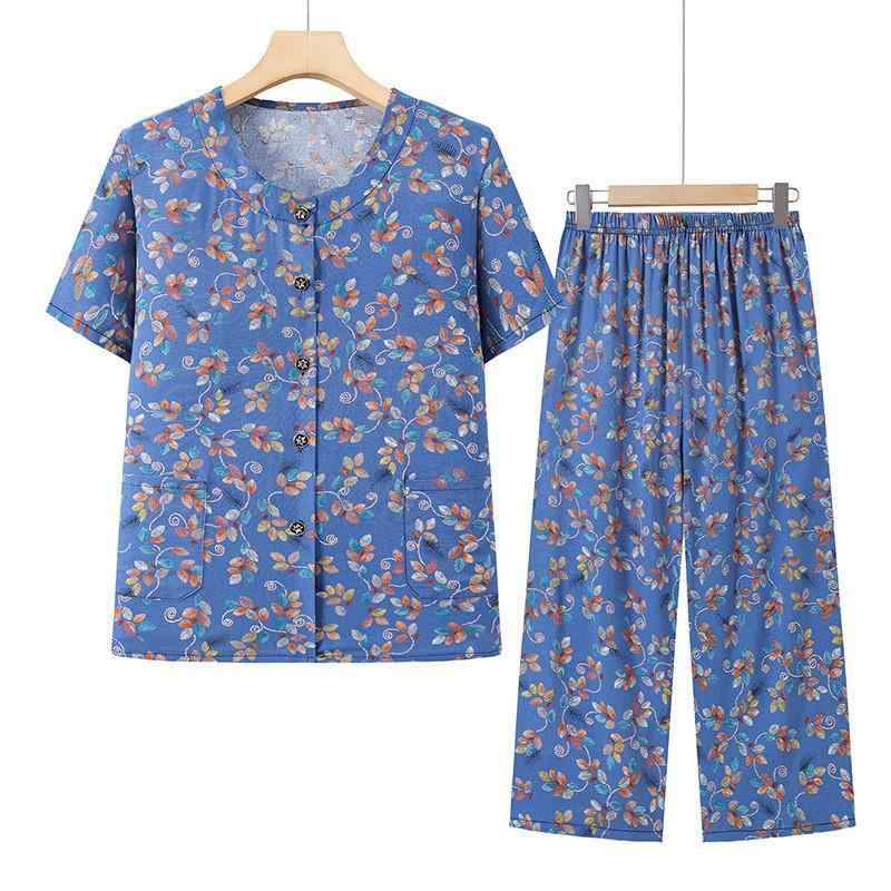 樂天商城 - レディース カジュアルセットアップ 婦人服 ママ シニア おばあちゃん シャツ 半袖 七分丈パンツ 上下セット 2点セット レーヨン 綿 麻 涼しい 部屋着 ルームウェア 薄手 ゆったり 花柄 快適 普段着 夏 春夏
