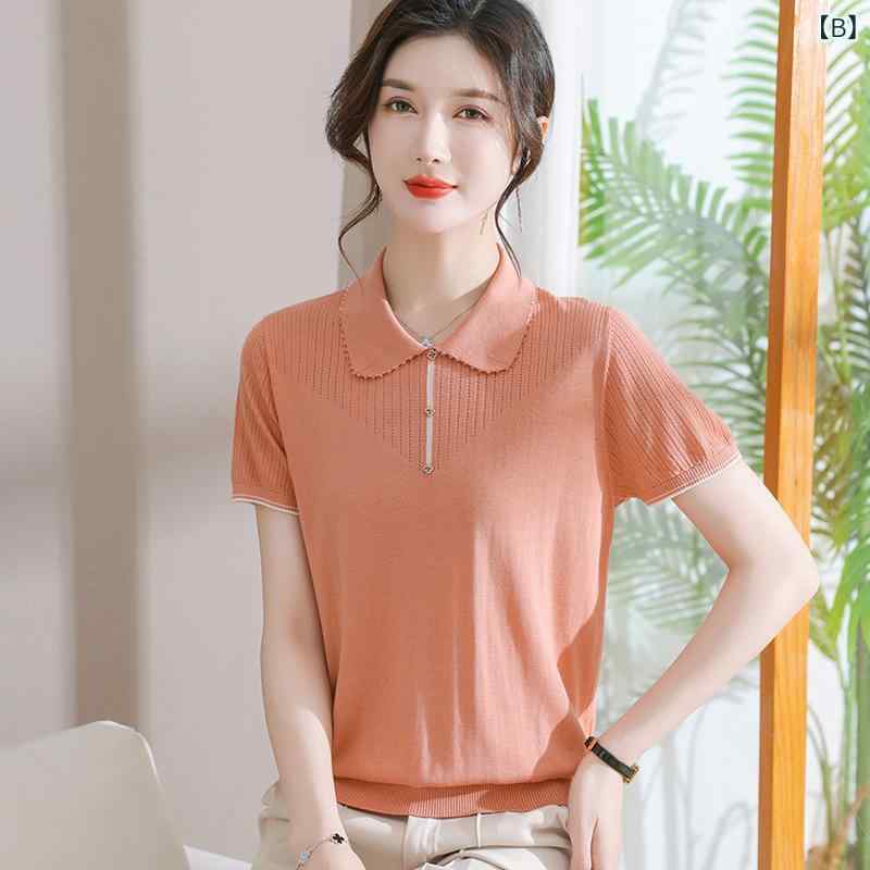YKC8のTシャツ レディース 女性用 サマーニット トップス 半袖 ポロシャツ 襟 快適 風 涼しい 薄手 無地 伸縮性 大きいサイズ ゆったり カットソー 婦人服 母親 祖母 贈り物 ミセス 中高年 快適 カジュアル 夏服｜アングル3
