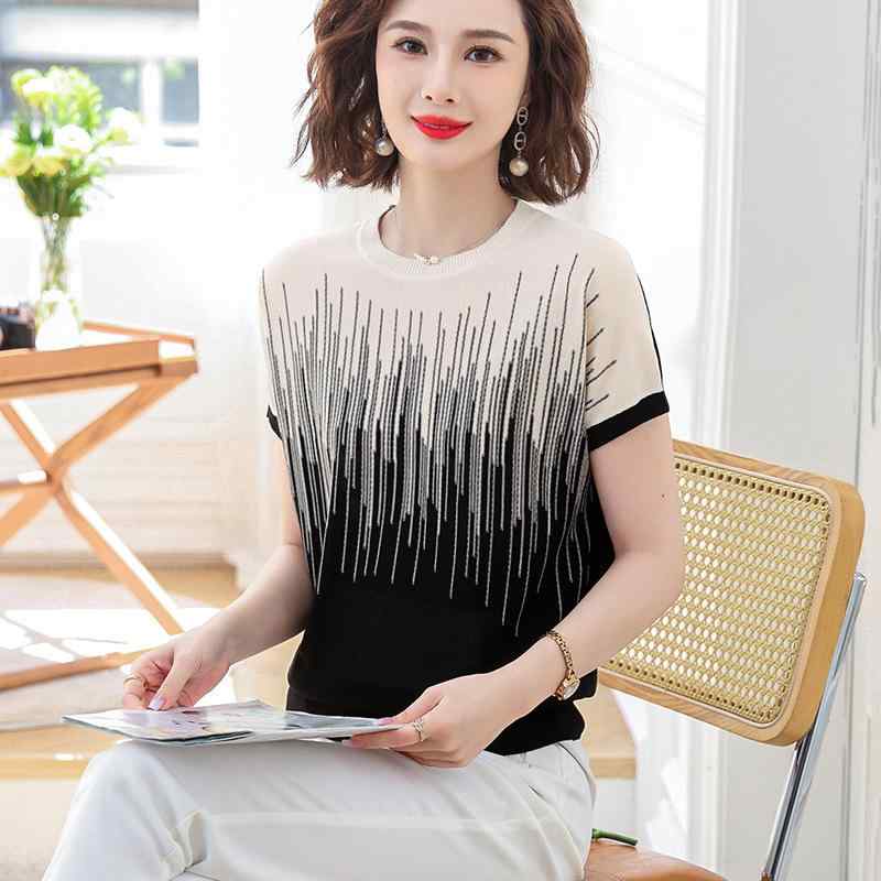 Rakuten - Tシャツ レディース 女性用 半袖 ニットトップス 快適 プルオーバー カットソー サマーニット 丸め 5分袖 母親 ママ ミセス 婦人服 50代 60代 ゆったり 3D 立体 パターン ルーズ フィット 春夏 涼しい