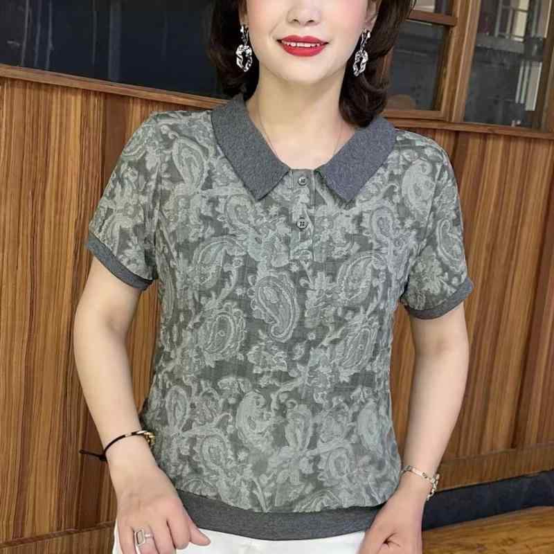 Rakuten - Tシャツ レディース 半袖 トップス 母親 50代 大人 婦人服 ゆったり カットソー 快適 カジュアル ポロ襟 高級感 無地 夏 春夏 おしゃれ 30代 40代 50代 グレー アプリコット