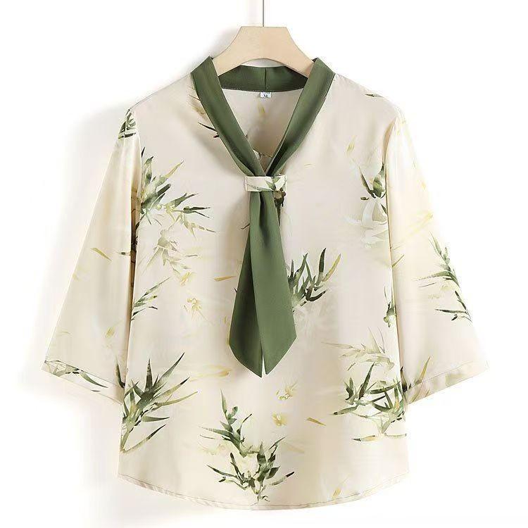 乐天商城 - Tシャツ レディース 女性用 半袖 カットソー トップス 半袖 5分袖 五分袖 Vネック ゆったり シフォン シャツ 母親 お母さん ママ 婦人服 ハイミセス 春夏 花柄 ボタニカル プリント セットアップ グリーン
