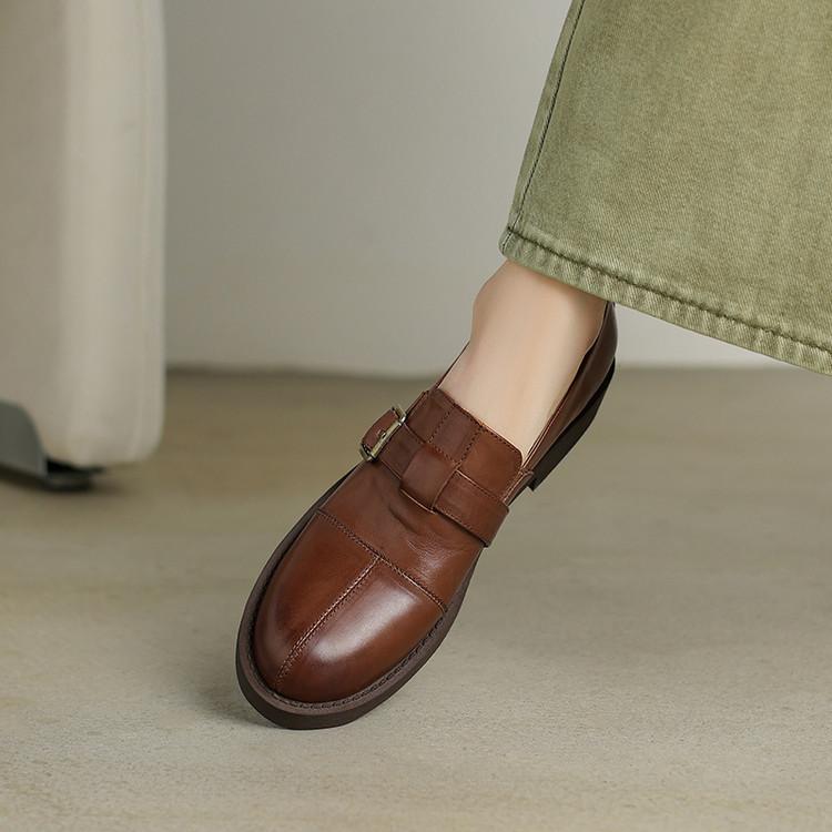 レディース ローファー パンプス 本革 牛皮 レザー シューズ 靴 フラットシューズ スリッポン ラウンドトゥ ベルト 切り替え レトロ カジュアル 歩きやすい 痛くない 履きやすい ブラック ブラウン