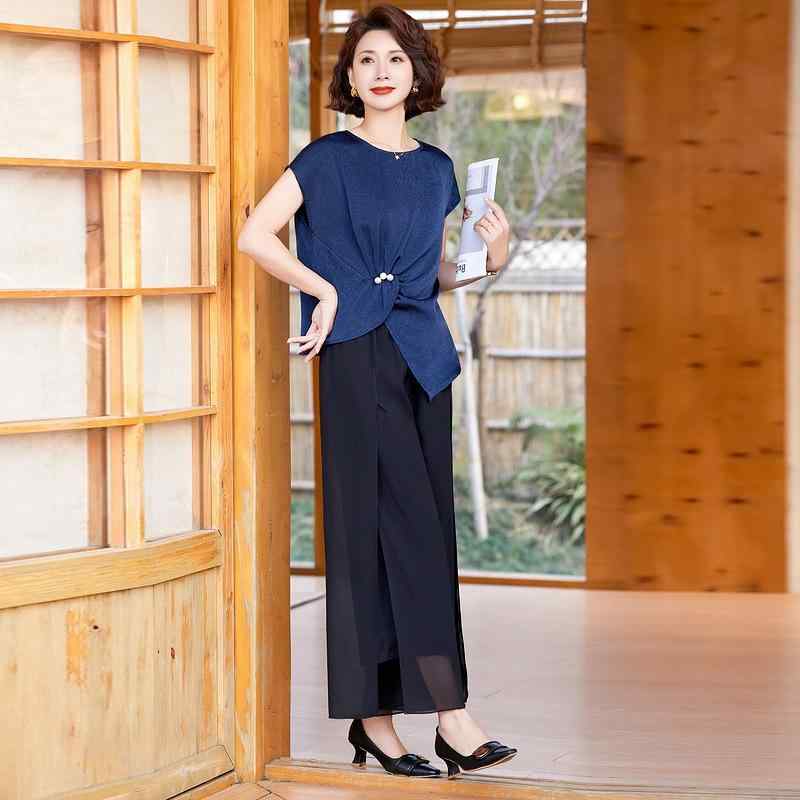 樂天商城 - セットアップ レディース ミセス 婦人服 カジュアル 2点セット 半袖 シャツ チュニック 九分丈 パンツ ズボン 快適 上下セット 涼しい 薄手 ゆったり 大きいサイズ 黄 紺