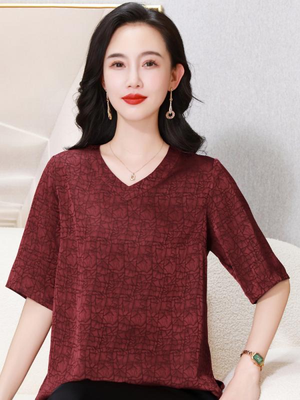 Tシャツ レディース カットソー トップス トップス 半袖 Vネック 快適 ゆったり プルオーバー チャイナ風 総柄 チェック柄 プリント 涼しい 薄手 ミセス 母親 お母さん ママ 祖母 婦人服 50代 シニア 通勤 通学 黒 青 赤