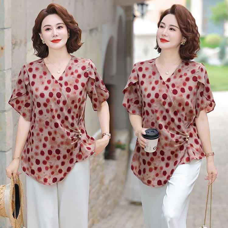 乐天商城 - Tシャツ レディース カットソー 半袖 トップス プルオーバー チュニック 母親 ミセス ママ 婦人服 中高年 お母さん 体型カバー ゆったり 涼しい 上品 おしゃれ エレガント 赤 レッド カジュアル デイリー