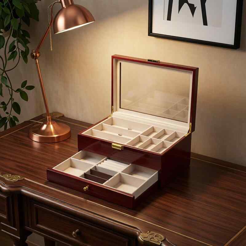 ・カテゴリ: 時計用収納ケース・素材: 木製・用途: 腕時計用収納、アクセサリー用収納・カラー展開: 木目調・サイズ: 34*21*13cm
