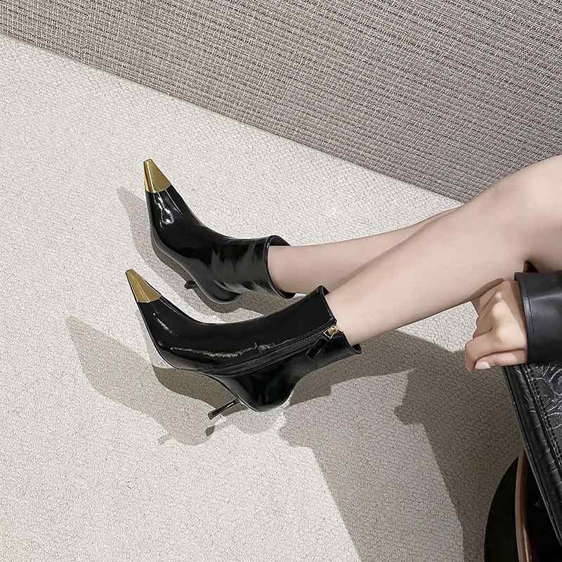 ブーツ レディース ポインテッドトゥ ピンヒール ショートブーツ メタル 春秋冬 ブラック 黒 ゴールド ..