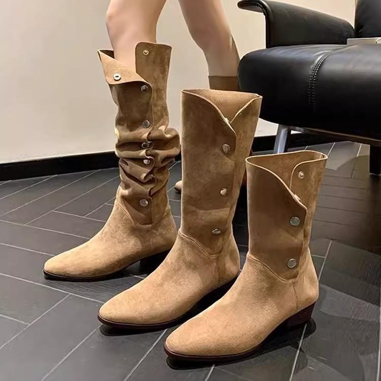 ブーツ レディース ウエスタンブーツ 牛革 秋冬 ショート ミドル ロング 丈 ポインテッドトゥ チャンキーヒール スリッポン 無地 杏色