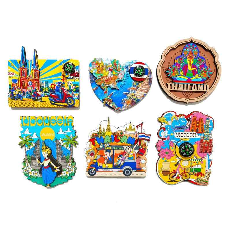 マグネット タイランド製 木製 磁石 各国都市 ランドマーク 世界 観光地 カートン 指南针 冷蔵庫用