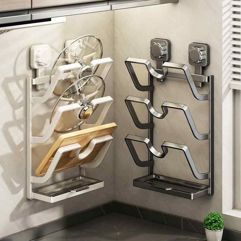 キッチン収納用品 吸盤式 鍋蓋スタンド まな板ホルダー 壁掛け式 炭素鋼 グレー クリーム色