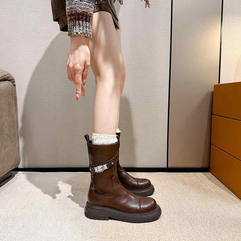 ブーツ レディース 厚底 革 ショートブーツ ミドル丈 チャンキーヒール ラウンドトゥ 棕色 黒 防水 レザー 切り替え 秋冬