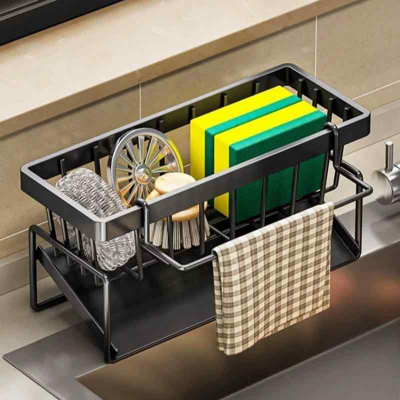 水切りラック 壁掛けタイプ キッチン 洗剤 スポンジ置き 蛇口 水切りホルダー 炭素鋼 ステンレス製 接水盤 雑巾掛け 簡易設置 ブラック