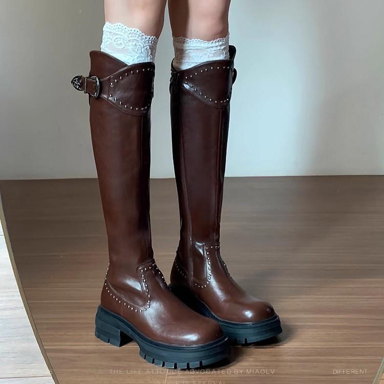 ブーツ レディース 騎士ブーツ ラウンドトゥ 太ヒール ロングブーツ カジュアル 普段使い 高筒 美脚 ブラウン ブラック