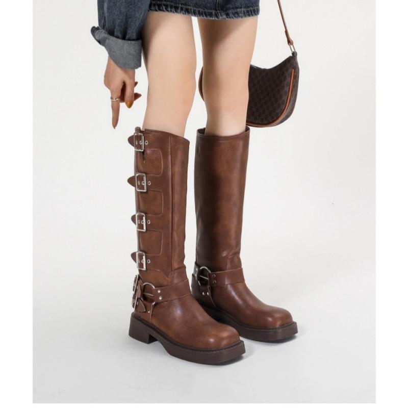 ブーツ レディース 革 ウェスタンブーツ ロングブーツ 丈 3-5cmヒール ラウンドトゥ 筒太 ブラウン ブラック レザー 切り替え ステッチ サイドジップ 普段使い 秋冬