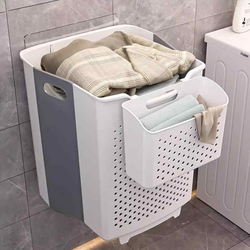 ランドリーバスケット レディース 折りたたみ式 壁掛け 大容量 プラスチック製 脱衣かご 洗濯かご ホワイト クリームイエロー オレンジ系