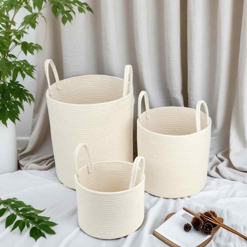 収納バスケット ランドリーバスケット おもちゃ収納 コットンロープ編み 北欧風 持ち手付き 折りたたみ 大容量 おしゃれ シンプル ランドリー収納
