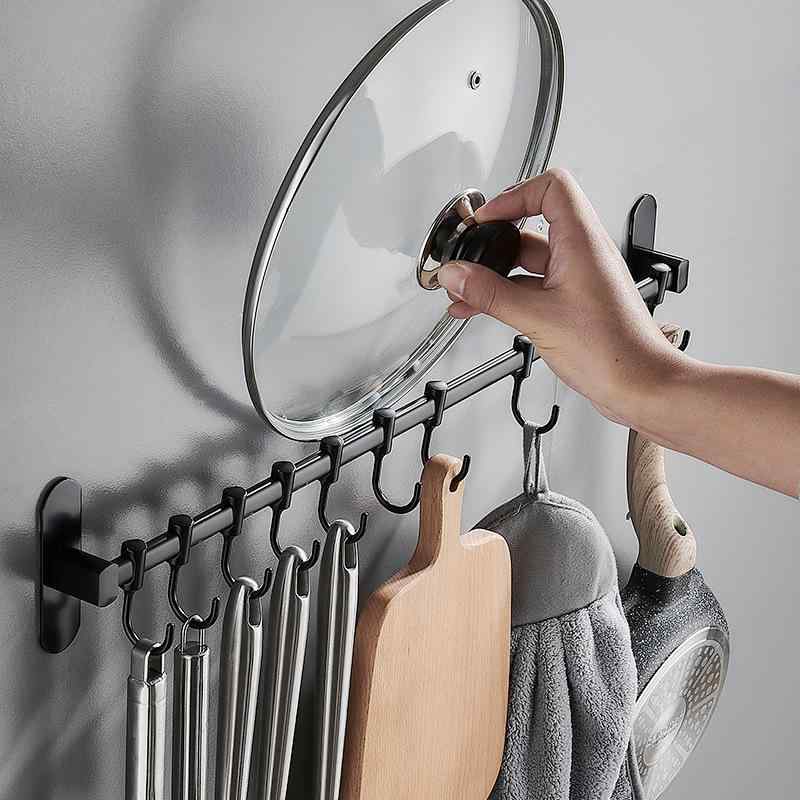 キッチン収納 吊り下げラック 壁掛け ステンレス製 多機能 フック式 ツールラック 電気メッキ加工 ブラック シルバー(x2)(3)