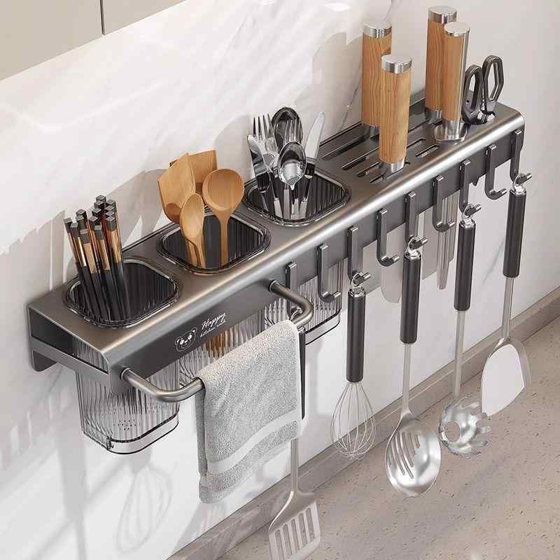 キッチン収納 壁掛け式 刀剣ラック 箸立て ツールラック 調味料ラック 炭素鋼 穴あけ不要 ガンメタルグ..