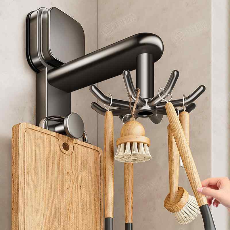 キッチン収納 吸盤式 強力 鍋 ツールホルダー 壁掛け ハンギング ツール フック付き 省スペース グレー