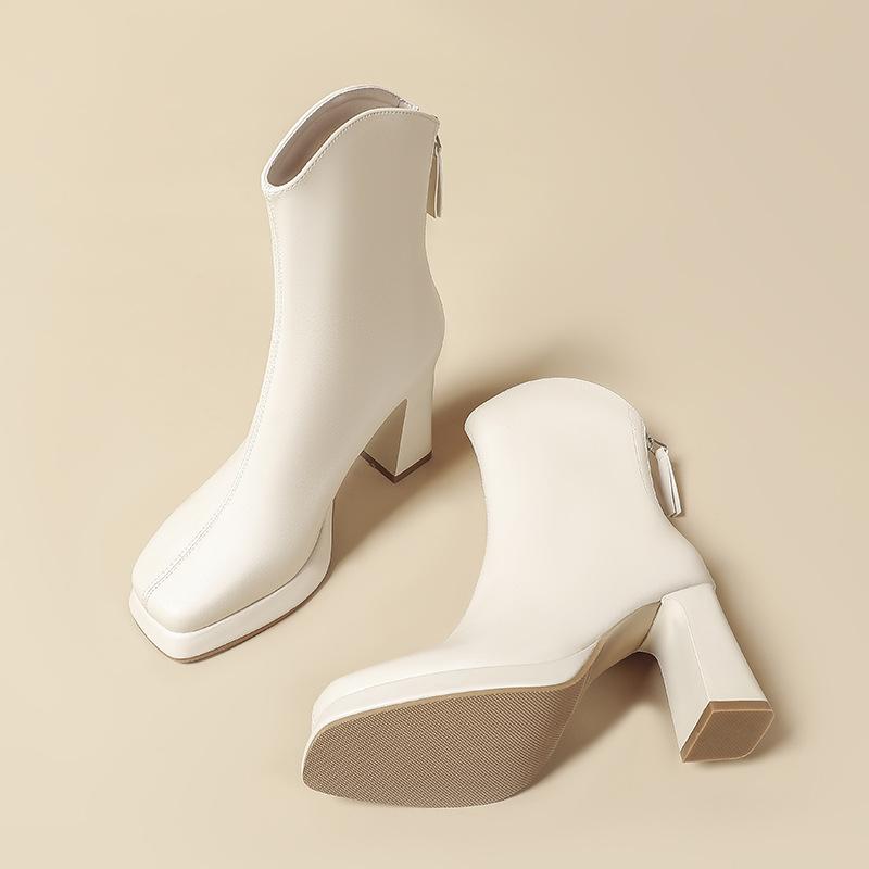 ショートブーツ レディース 太ヒール ハイヒール 秋冬 韓国 防水 滑り止め スエード調 裏起毛 ブラック オフホワイト