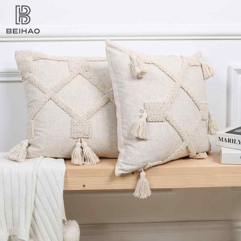 クッション 北欧 モロッコ 幾何学模様 タッセル 刺繍 抱き枕 カバー 45×45cm PP綿 おしゃれ かわいい ..
