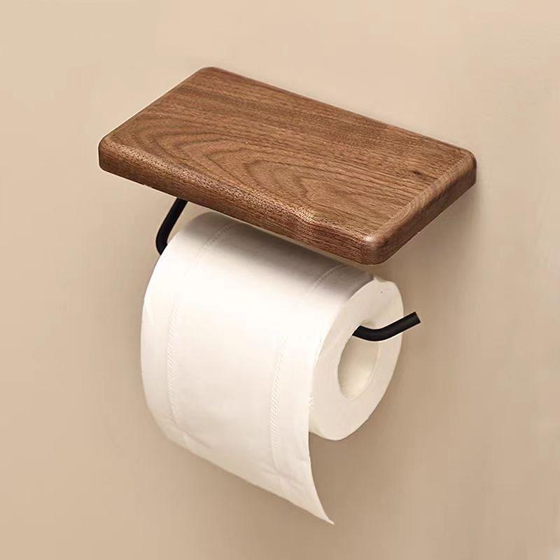 トイレットペーパーホルダー ウッド 木製 真鍮 無垢材 壁掛け 棚付き 新中式 和モダン ブラック ホワイ..