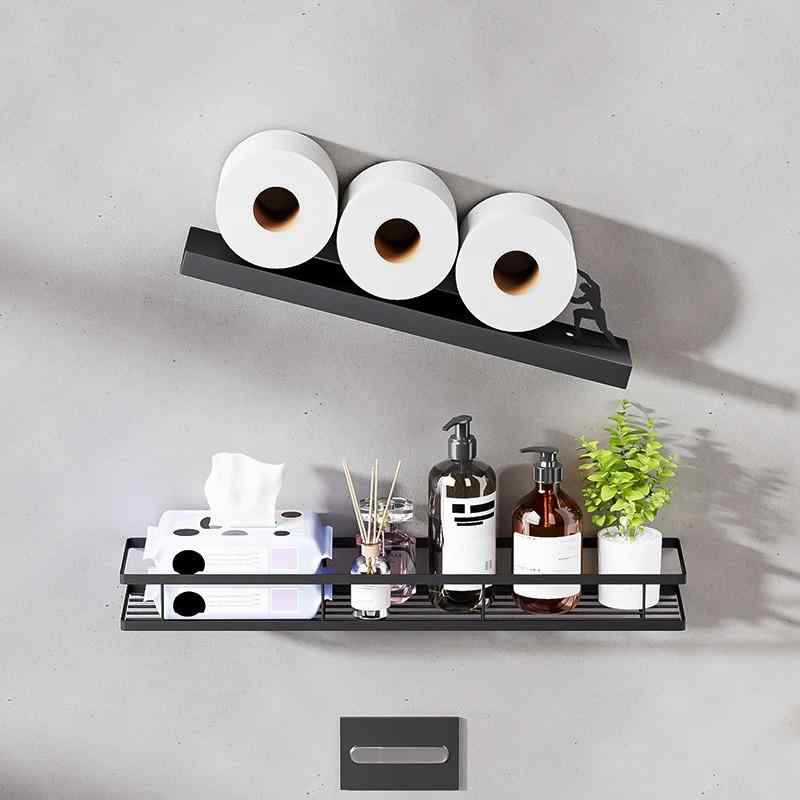 トイレットペーパーホルダー 壁掛け式 多機能 洗面所用品 置き棚 炭素鋼 黒 スクエア型 モダン シンプル(x2)(3)