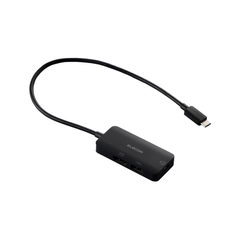 エレコム USB-C ハブ ドッキングステーション 3in1 PD対応 100W HDMI 4K60Hz 高速データ転送 5Gbps ブラック DST-C31BKノートパソコンへ給電しながらHDMI(R)映像出力ができる、3ポート搭載のUSB Type-C(TM)接続ドッキングステーションです。必要最小限の機能でコンパクトなサイズながら、取り回ししやすいゆったり30cmケーブルで、抜群の使いやすさを実現。高解像度での映像出力も可能です。USB Type-C対応AC充電器を接続してパソコン本体の充電が可能。最大100Wをデバイス・本体に供給するUSB Power Deliveryに対応しています。製品本体にて8Wを消費しますので、実際の出力は最大92Wとなります。92Wで給電が必要な場合は、100W出力のAC充電器をご用意ください。USB-Aポート、USB Type-CポートはいずれもUSB 5Gbps。高速データ転送が可能で、大きなファイルもスムーズに転送できます。
