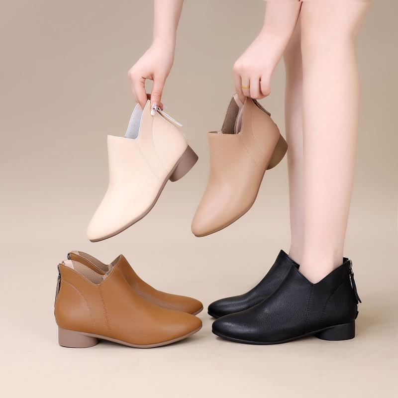 ショートブーツ レディース ローヒール ポインテッドトゥ ジッパー付き 滑り止め 耐摩耗 秋冬 春秋 カジュアル