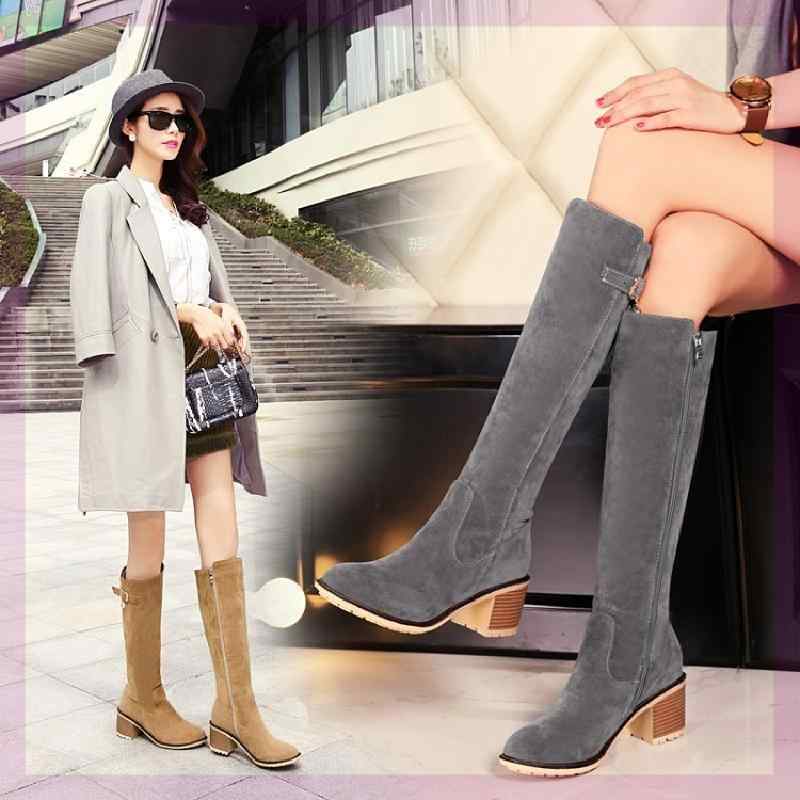 ブーツ レディース 高筒ブーツ ジョッキーブーツ チャンキーヒール スエード調 秋冬 スムース ローヒール 滑り止め付き カジュアル 普段使い