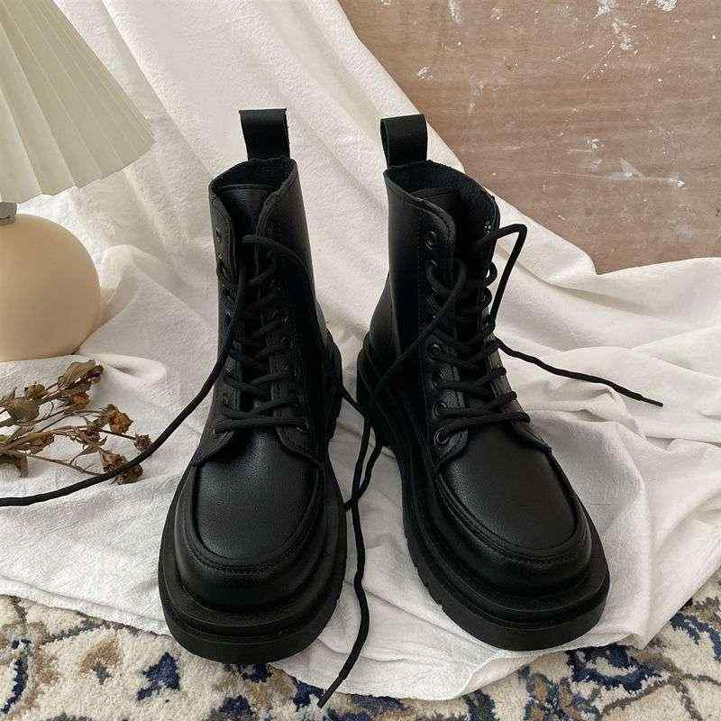 ブーツ レディース 厚底 ショートブーツ 秋冬 レースアップ ラウンドトゥ PUレザー 合皮 フェイクレザー 黒 歩きやすい 履きやすい カジュアル