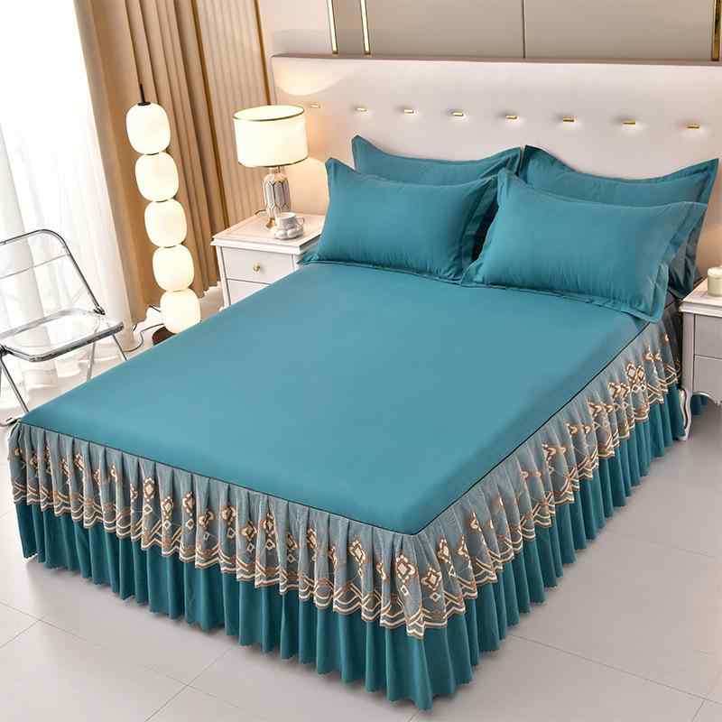 ベッドスカート レディース 磨毛 レース コットン ベッドカバー 無地 宝藍色 藏青 カーキ 米白 グレー ..