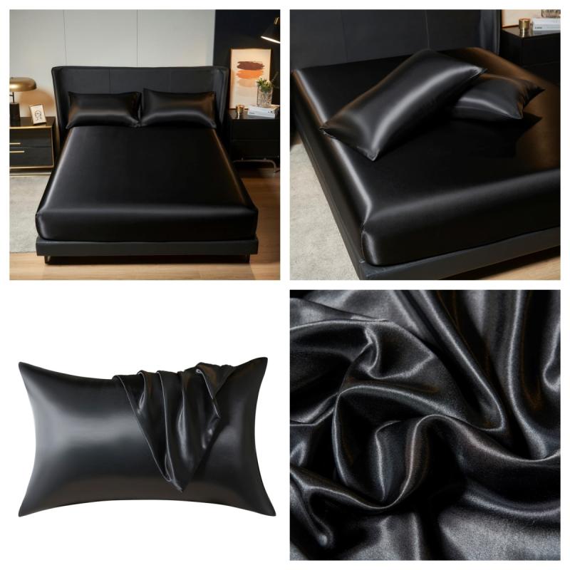 ベッドシーツ ポリエステル繊維 サテン フラットシーツ ボックスシーツ 枕カバー 無地 ホワイト ブラッ..