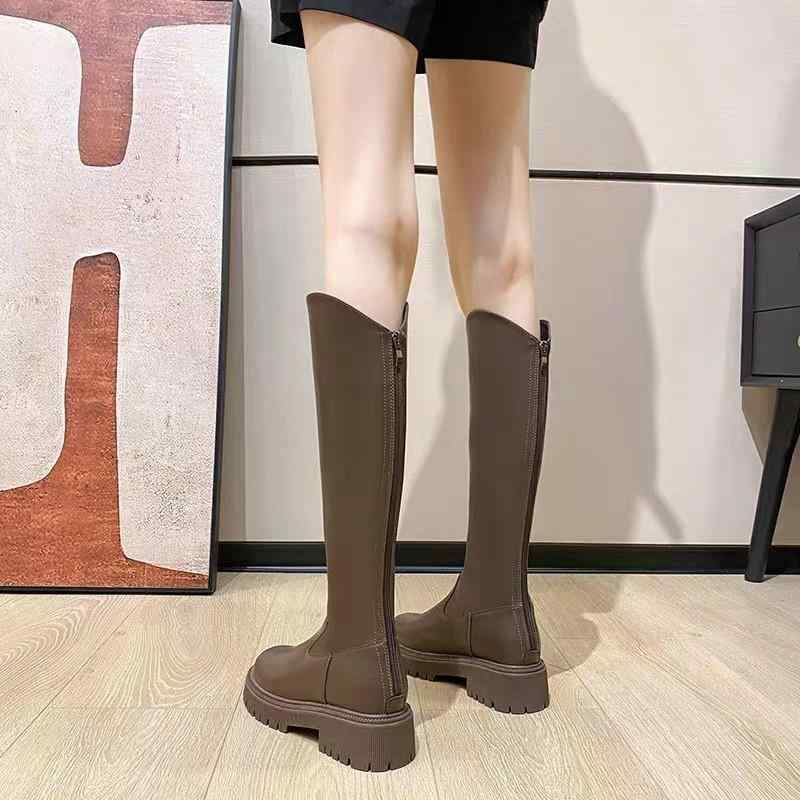 ブーツ レディース 8cmヒール 身長アップ 厚底 ハイヒール ジョッキーブーツ Vカット 小柄 インヒール ロングブーツ 黒 茶色 防水 滑り止め 秋冬