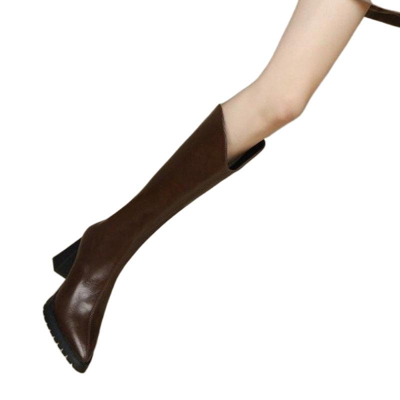 ロングブーツ レディース 秋冬 防水 厚底 チャンキーヒール ポインテッドトゥ ハイヒール 膝丈 ジョッキーブーツ 女性用 黒 茶色