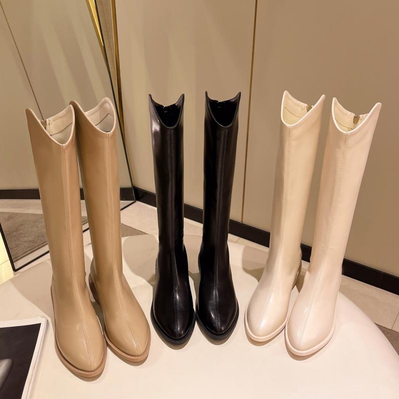 ブーツ レディース 騎士ブーツ ミドル丈 太ヒール ラウンドトゥ フェイクレザー 無地 ブラック ベージュ カーキ 秋冬(x2)