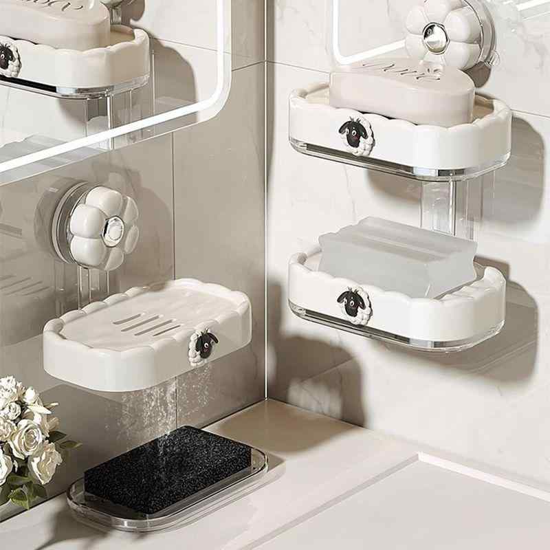 石鹸ケース レディース メンズ 壁掛け式 ドレン付き 二層式 プラスチック製 スポンジ付き せっけんケース 雑貨 クリーム色