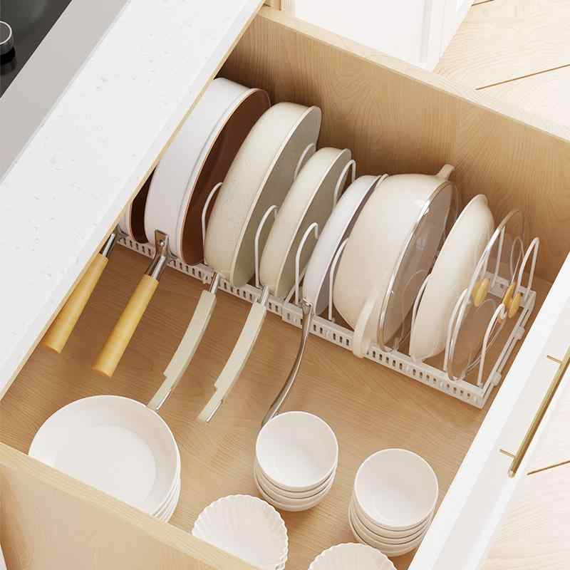 キッチン収納 多機能 鉄製 調節可能 鍋置き 鍋蓋スタンド デスクトップ 伸縮式 置物棚 可動式 7線 ブラ..