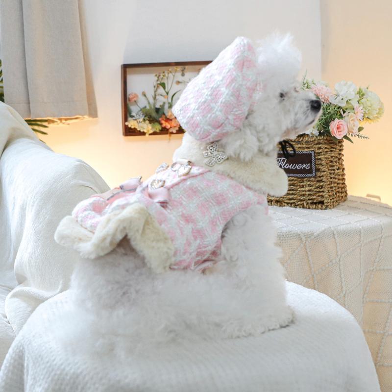 帽子犬猫用 チェック柄 ベレー帽 秋冬 公主 かわいい おしゃれ ペット用品 ベージュ ピンク系