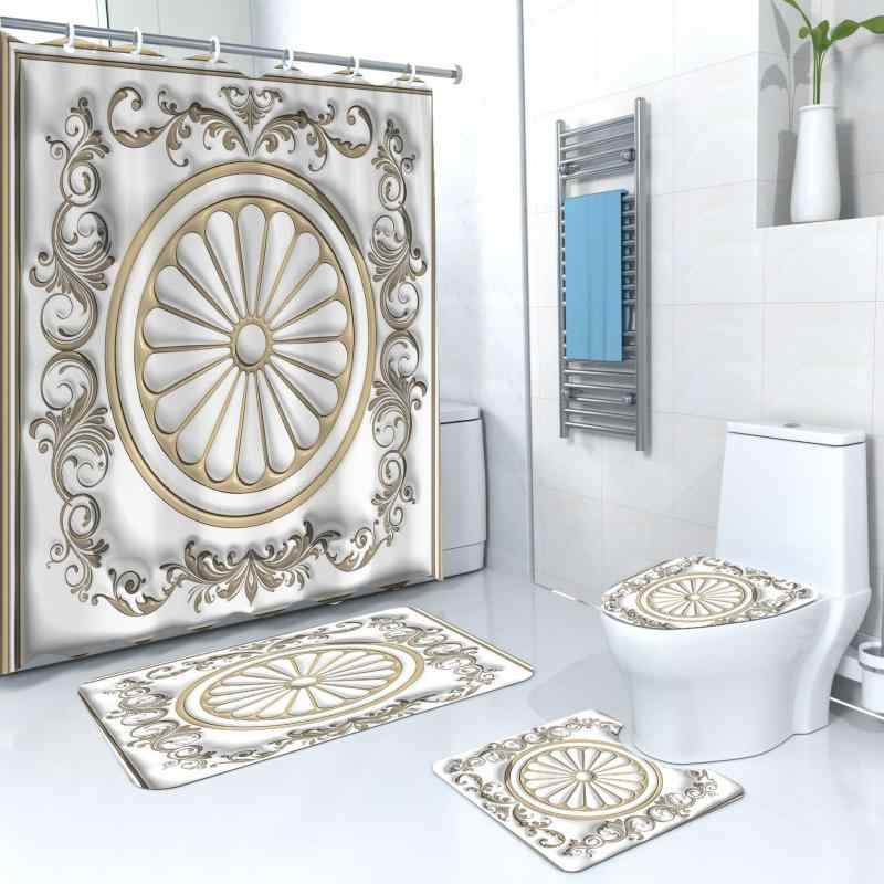 カーテン レディース バスルーム用品 4点セット 春夏 大理石柄 ポリエステル 防水 シャワーカーテン バ..