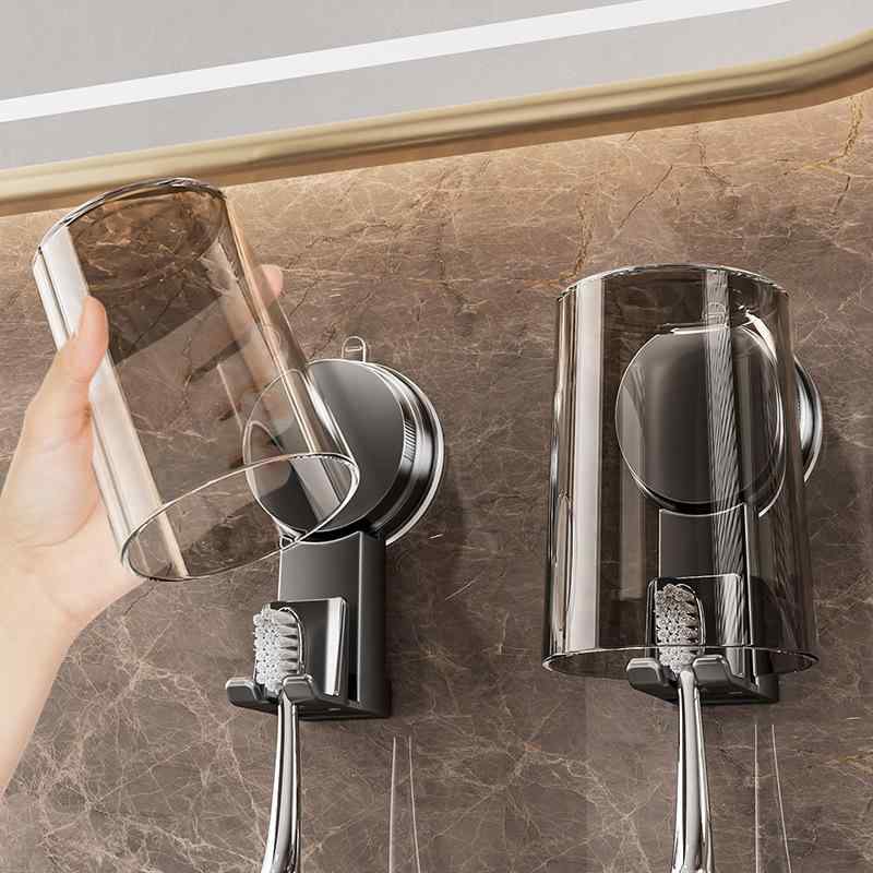 歯ブラシスタンド 壁掛け式 吸盤 歯磨きコップホルダー 洗面所 収納 グレー 2人用 3人用 4人用