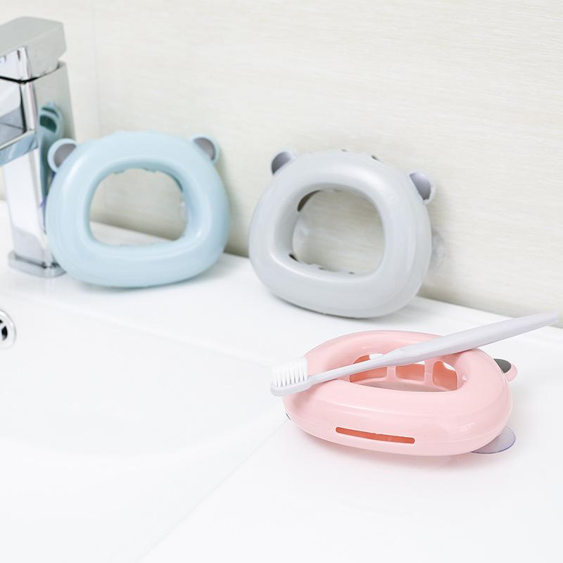 歯ブラシスタンド 壁掛けタイプ 小熊 無痕吸着 穴あけ不要 グレー ブルー ピンク かわいい プラスチッ..