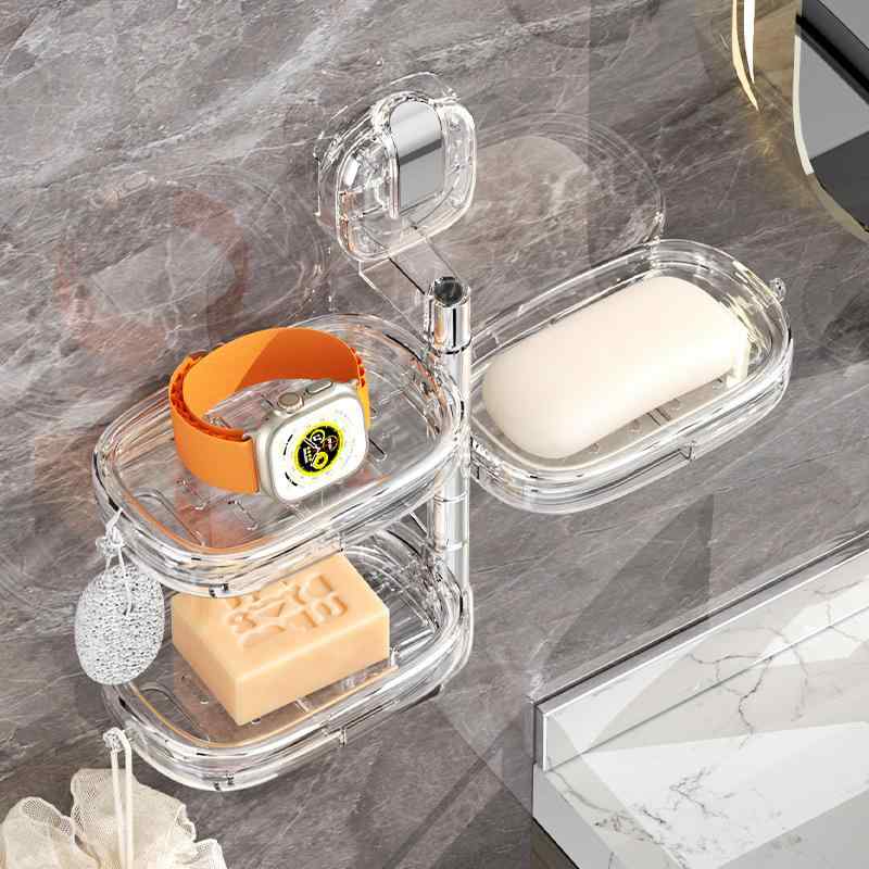 石鹸ケース 吸盤 回転 壁掛け 穴不要 石鹸置き ラック 家庭用 浴室 水切り 収納 透グレー 透明色