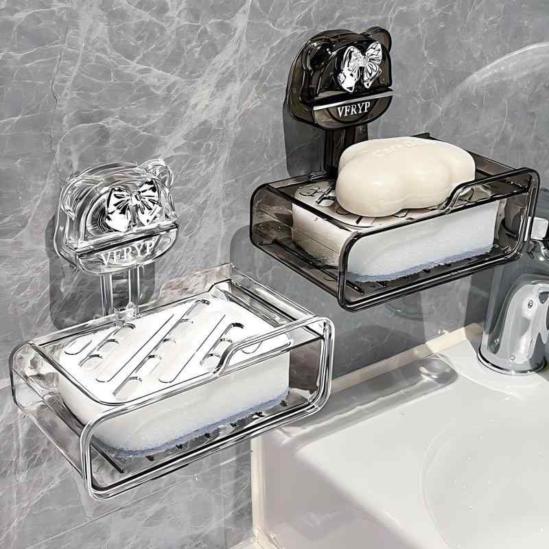 石鹸ケース 壁掛け式 吸盤タイプ 水切りスポンジ付き プラスチック製 バスルーム用 石けん置き