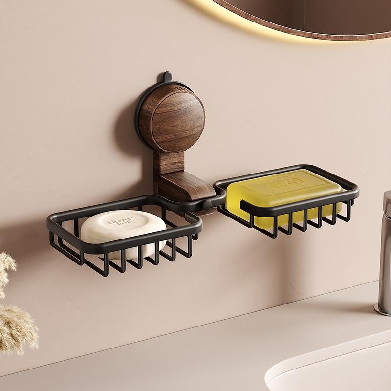 石鹸ケース 吸盤式 ブラックウォールナット ダブル吸盤 水切り 穴不要 浴室 洗面所 洗濯場